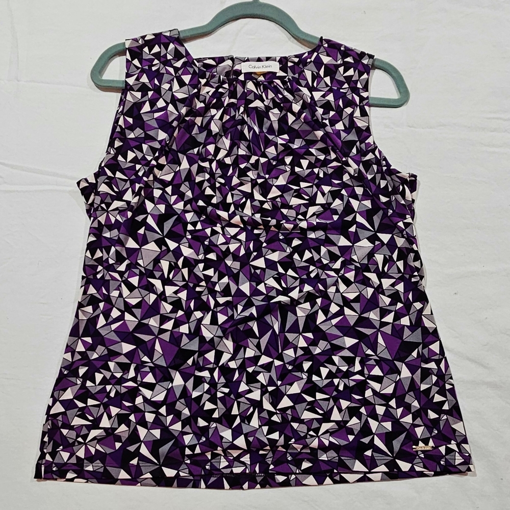 Calvin Klein‎ Sleeveless Black & Purple Geometric Print Top Nordstrom Size L